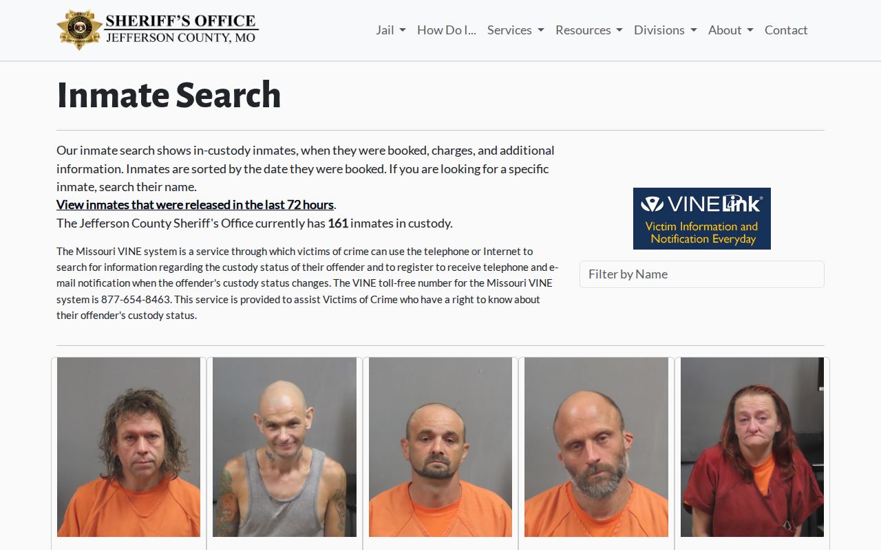 Jefferson County Sheriff's Office inmate search page for current custody