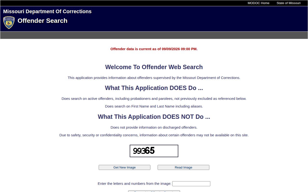 Missouri Department of Corrections offender search page