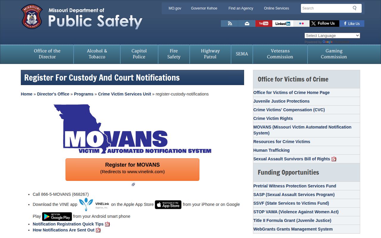 Jefferson County MOVANS and VINELink custody alert registration page