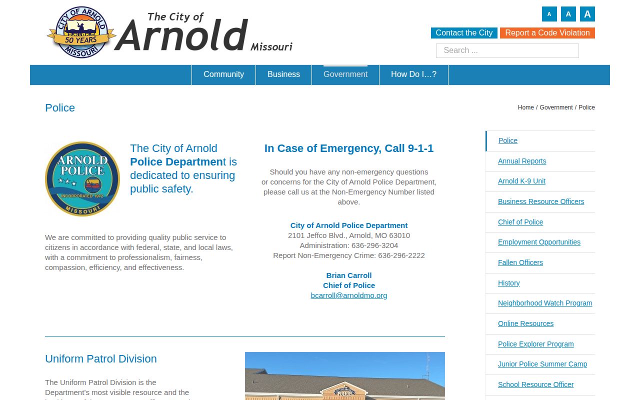 Arnold Police Department official webpage for local police and arrest-record contacts
