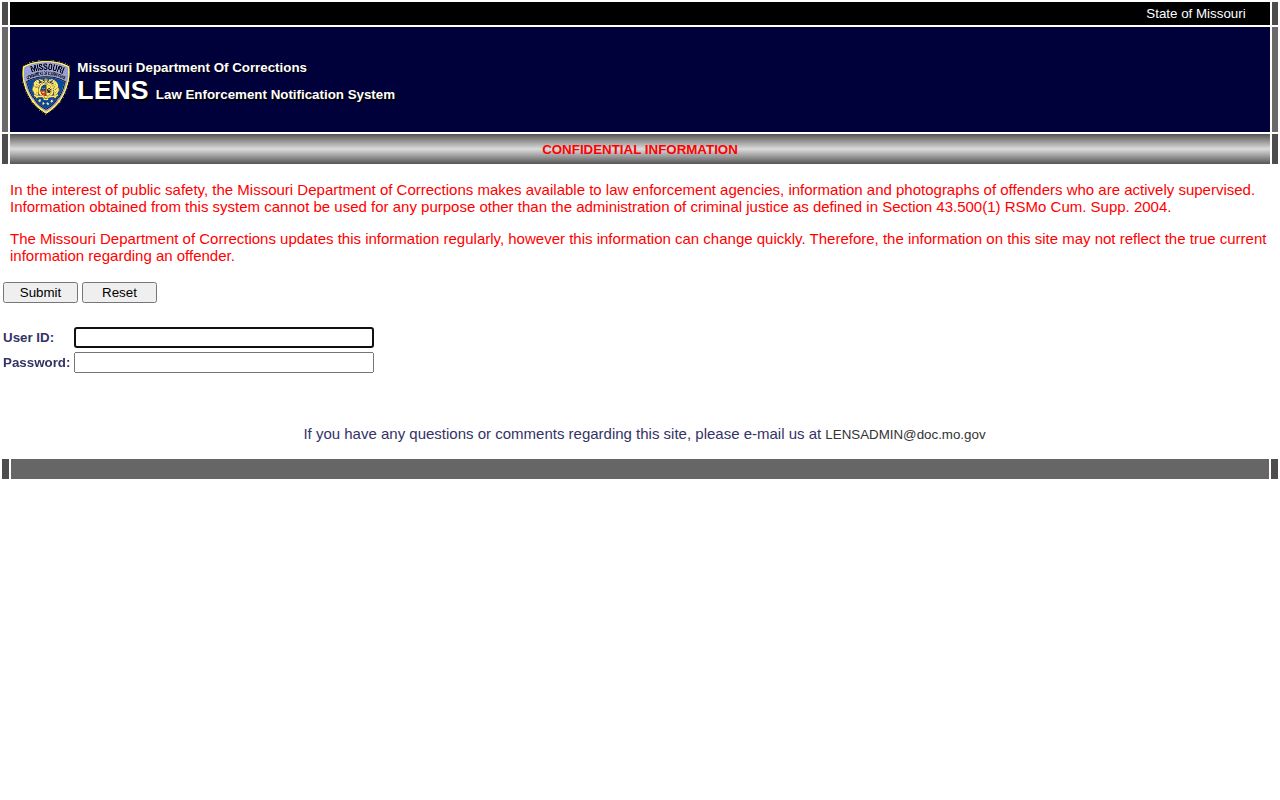 Missouri DOC LENS custody information system relevant to Jefferson County